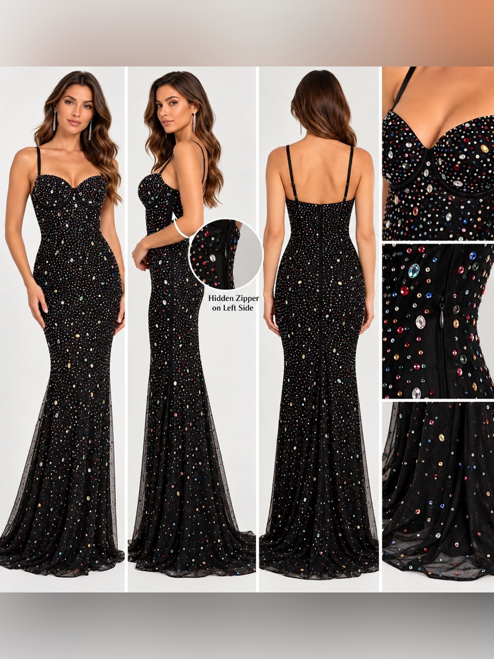 Windsor Black Multicolor Rhinestone Mermaid Maxi Dress L NWOT